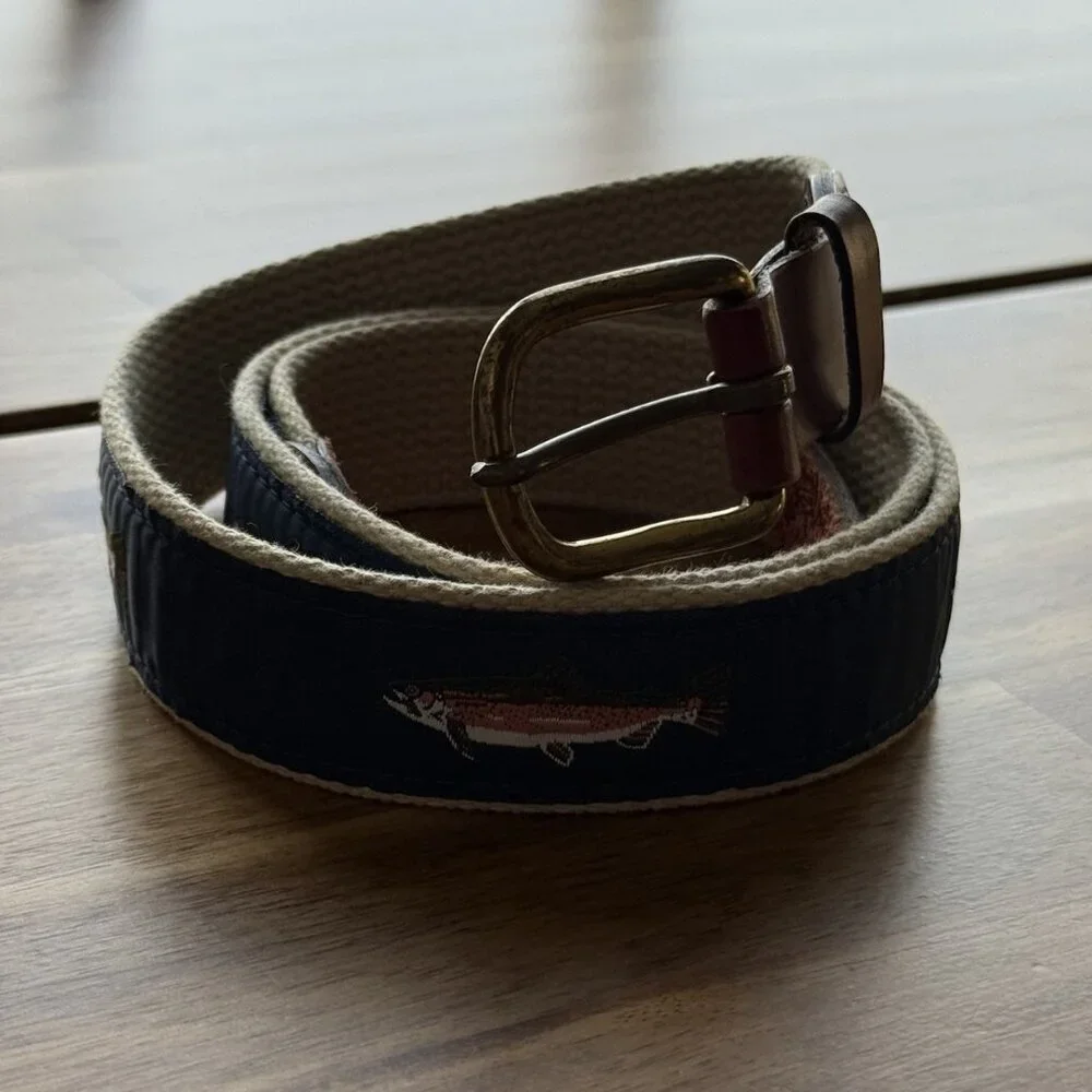 Leather Man Ltd Mens Belt 40 Fish Print Canvas Leather Brass USA Distressed READ